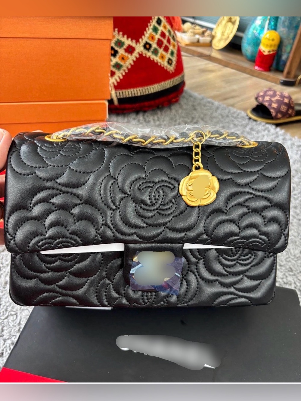 Black Quilted Camellia Shoulder Bag with Gold Chain Charm